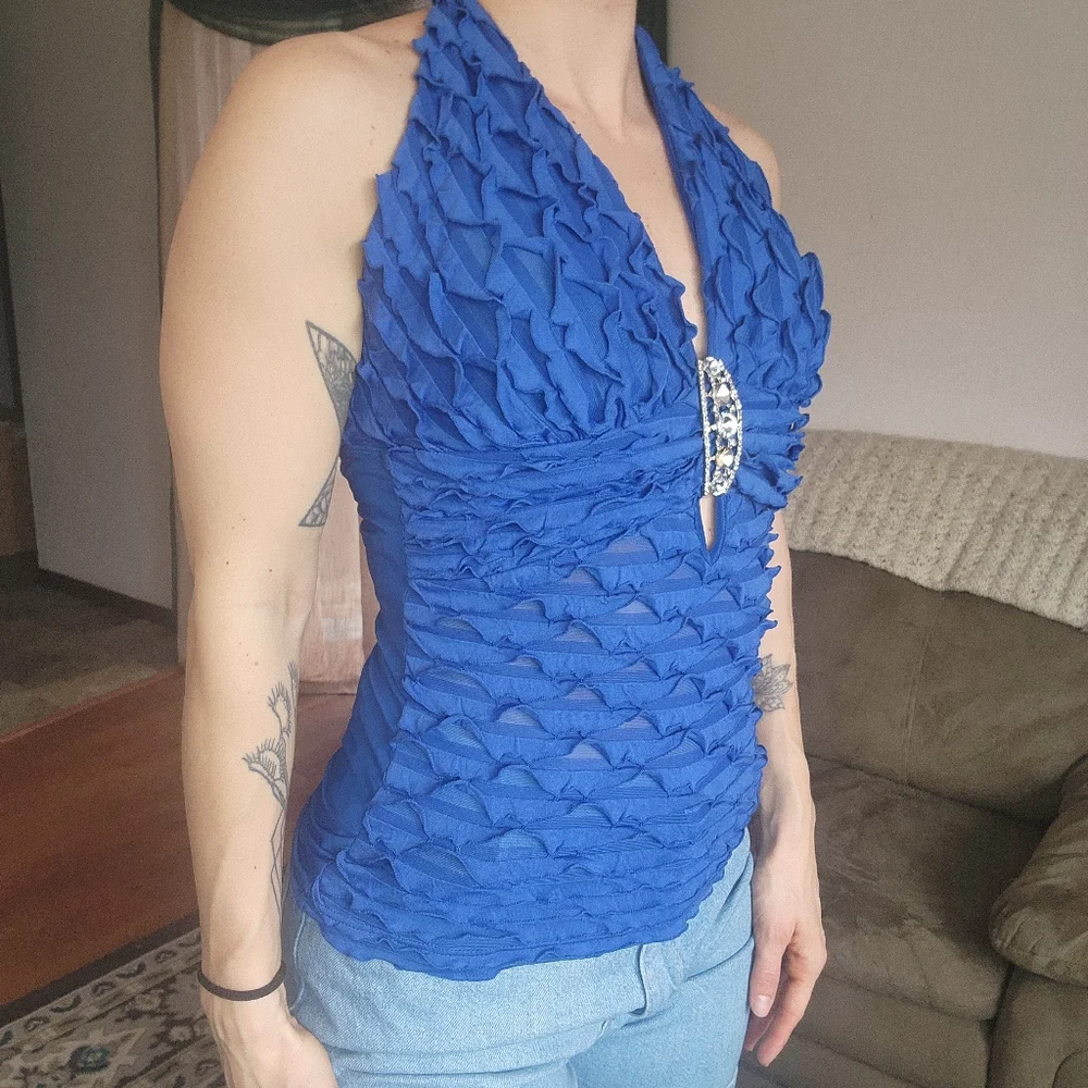 Body C Blue Ruffle Halter Top With Brooch Detail Size Medium - Picture 3 of 8